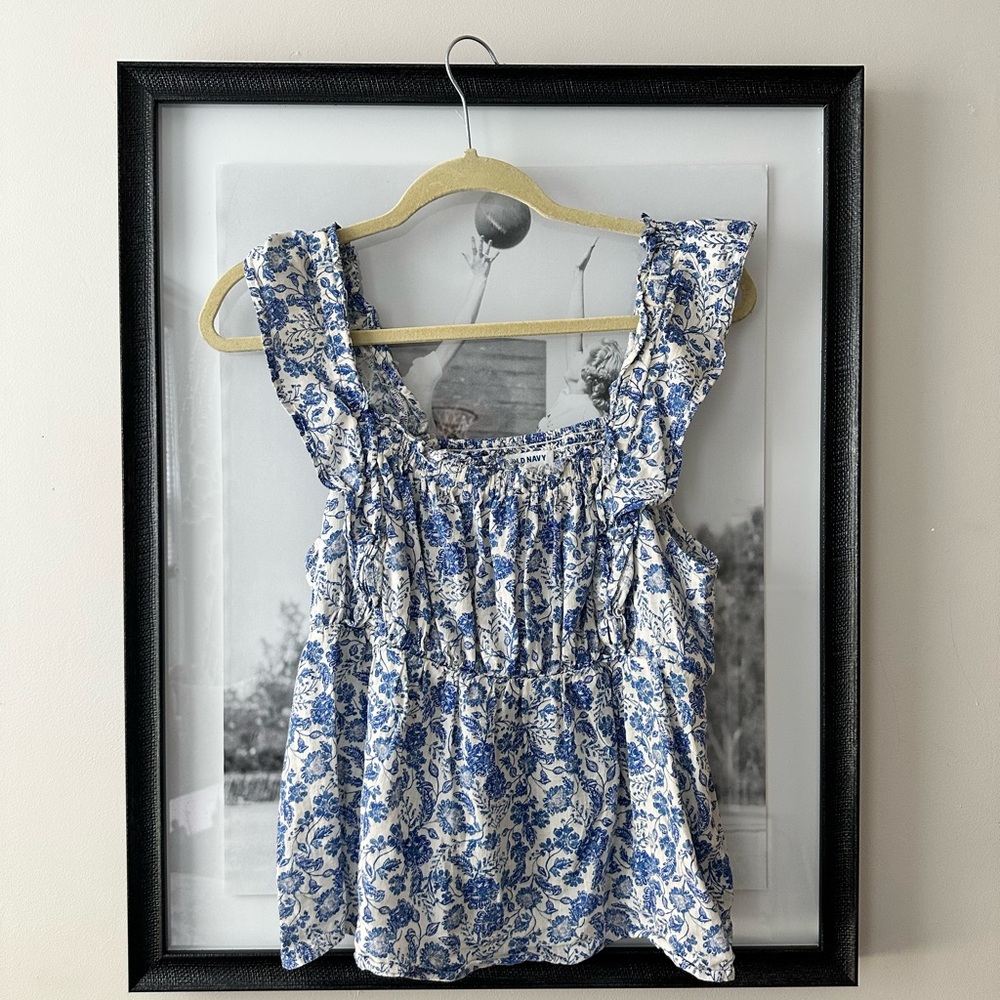 Old Navy Blue and White Floral Blouse